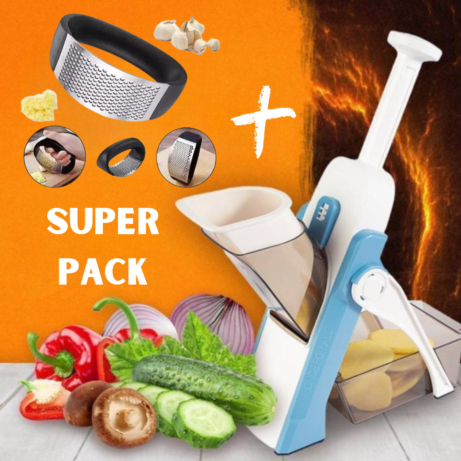 Super Pack Picador o Rebanador de Frutas y Verduras + Triturador de Ajo de Acero Inoxidable